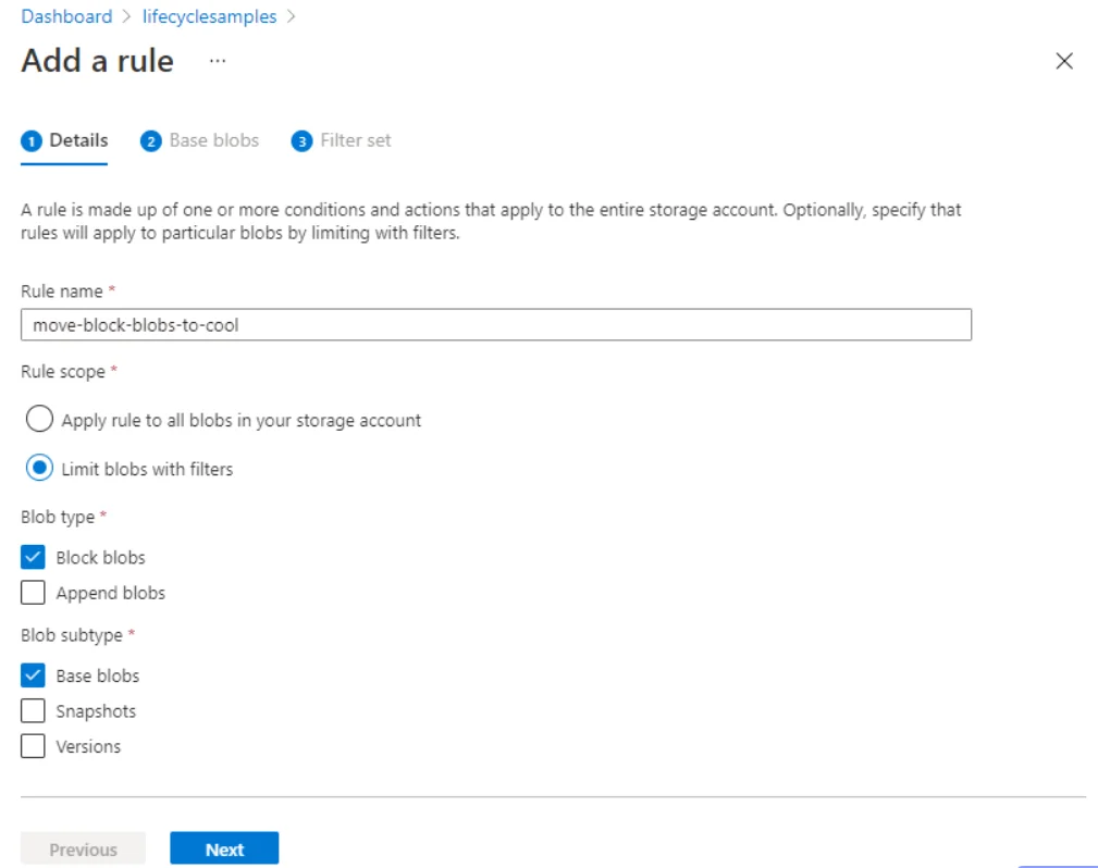 Azure’s Data Lifecycle Management Add Rule