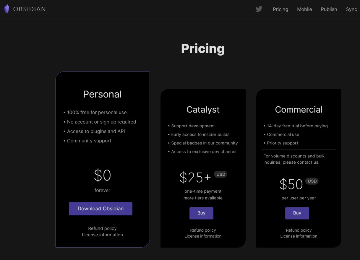 Obsidian tiered pricing plans